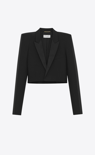 SAINT LAURENT Giacca Smoking D Giacca corta con spalle quadrate nera in gabardine a_V4