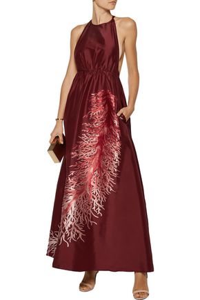 VALENTINO GATHERED EMBROIDERED SILK-FAILLE GOWN,3074457345616750236