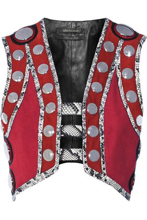 ROBERTO CAVALLI Embellished leather and elaphe-trimmed suede vest