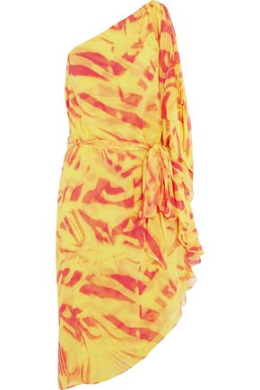 HALSTON HERITAGE One-shoulder crinkled printed silk-chiffon dress