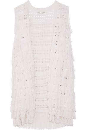 ALICE AND OLIVIA WOMAN WEISS FRINGED OPEN-KNIT SILK-BLEND VEST ECRU,US 367268775571397