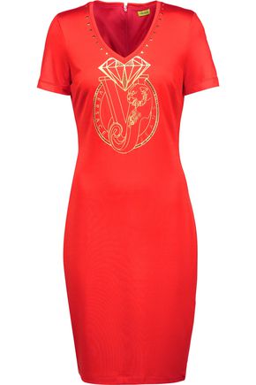 VERSACE JEANS Embellished printed stretch-knit mini dress
