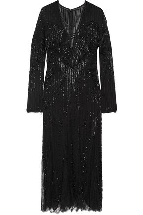 ROBERTO CAVALLI Lace-paneled embellished silk midi dress