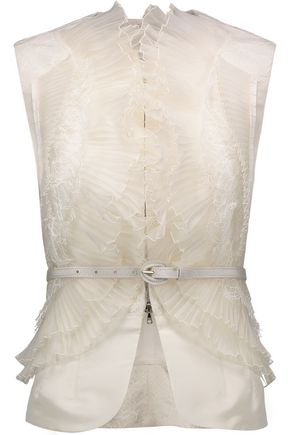OSCAR DE LA RENTA Belted lace-trimmed ruffled silk vest