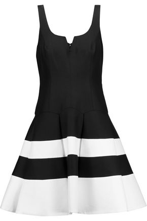 HALSTON HERITAGE Pleated striped cotton and silk-blend mini dress