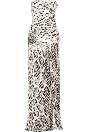 HALSTON HERITAGE Leopard-print plissé stretch-jersey gown