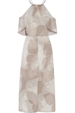 HALSTON HERITAGE Cold-shoulder printed chiffon jumpsuit