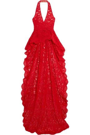 REEM ACRA WOMAN CORDED LACE HALTERNECK TOP RED,US 1998551929379031