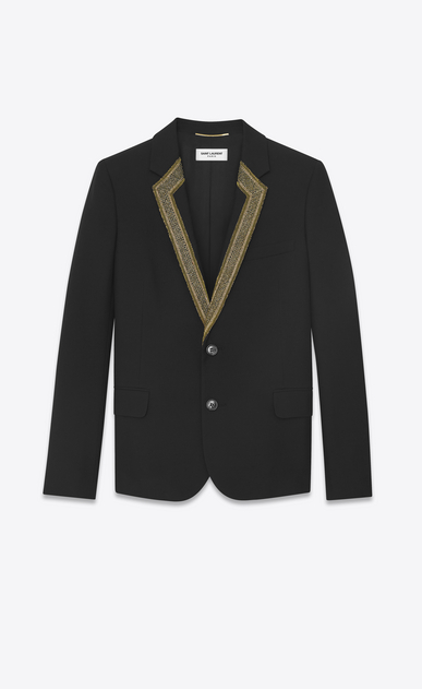 SAINT LAURENT Blazer D Giacca corta in gabardine nera con collo ricamato a_V4