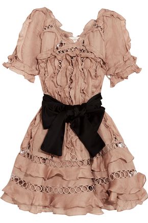 ZIMMERMANN Winsome guipure lace-paneled ruffled silk and linen-blend mini dress