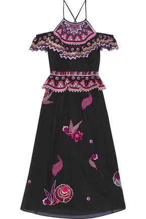 TEMPERLEY LONDON Wildflower cold-shoulder embroidered cotton and silk-blend midi dress