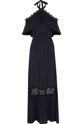 ALICE + OLIVIA Mitsy off-the-shoulder lace-trimmed gauze halterneck maxi dress