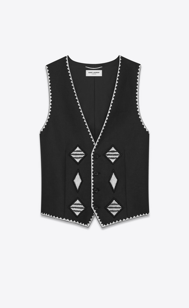 SAINT LAURENT Blazer Jacket Man Embroidered vest in black linen canvas a_V4