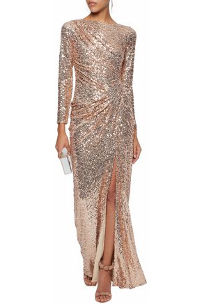 la femme ruched sequin gown