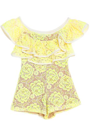 ALEXIS WOMAN OFF-THE-SHOULDER RUFFLED GUIPURE LACE PLAYSUIT YELLOW,AU 4772211931756007