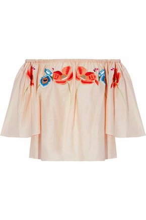 TEMPERLEY LONDON WOMAN AMITY OFF-THE-SHOULDER EMBROIDERED COTTON-VOILE TOP BEIGE,US 1998551929393957