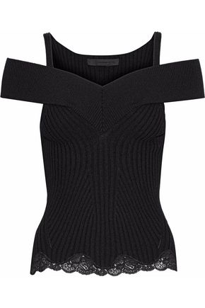 ALEXANDER WANG WOMAN COLD-SHOULDER LACE-TRIMMED RIBBED-KNIT MERINO WOOL-BLEND TOP BLACK,US 4772211931103981