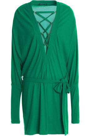 Click to view more detailed imagery on our partner's website Balmain Lace-up Belted Batwing Dress, Emerald Green