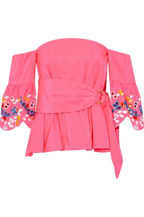 PETER PILOTTO WOMAN OFF-THE-SHOULDER CUTOUT EMBROIDERED FAILLE BLOUSE PINK,US 4772211933341414