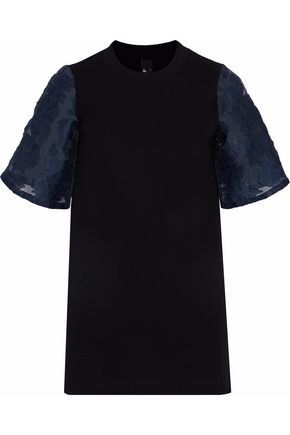 MOTHER OF PEARL WOMAN EMBROIDERED ORGANZA-PANELED JERSEY T-SHIRT BLACK,US 4772211933830691