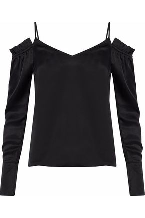 W118 BY WALTER BAKER WOMAN COLD-SHOULDER RUFFLED SATIN BLOUSE BLACK,US 7280562277544191