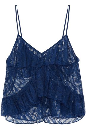 MICHELLE MASON WOMAN RUFFLED LACE AND TULLE TOP NAVY,US 7789028784084668