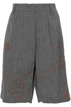 BRUNELLO CUCINELLI Embellished striped wool and linen-blend shorts,US 7789028784123241