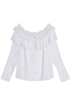 OPENING CEREMONY WOMAN OFF-THE-SHOULDER RUFFLED CRINKLED SILK-CHIFFON BLOUSE WHITE,US 7789028784508940