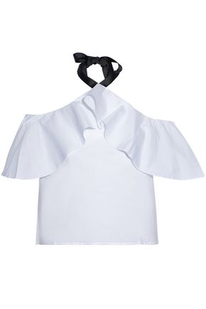 W118 By Walter Baker Woman Off-the-shoulder Ruffled Cotton-poplin Halterneck Top White In White