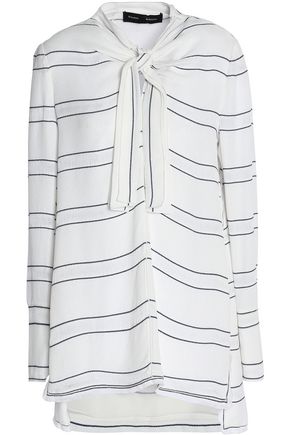 PROENZA SCHOULER WOMAN KNOTTED FRINGE-TRIMMED STRIPED CREPE BLOUSE OFF-WHITE,GB 7789028785281185