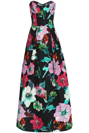 MILLY WOMAN AVA STRAPLESS FLORAL-PRINT COTTON-BLEND FAILLE GOWN BLACK,GB 13331180551760267