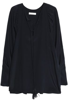 Chloé Woman Tasseled Silk Crepe De Chine Blouse Navy In Navy