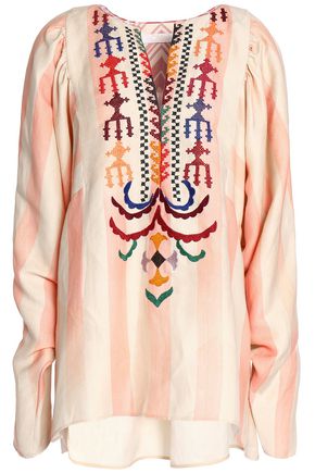 CHLOÉ CHLOÉ WOMAN EMBROIDERED STRIPED LINEN AND SILK-BLEND TUNIC BEIGE,3074457345618618584