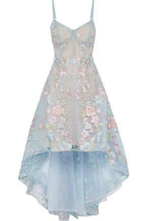 MARCHESA NOTTE MARCHESA NOTTE WOMAN ASYMMETRIC EMBROIDERED TULLE GOWN LIGHT BLUE,3074457345618691239