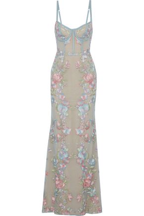 MARCHESA NOTTE WOMAN EMBROIDERED TULLE GOWN LIGHT BLUE,AU 13331180552208538