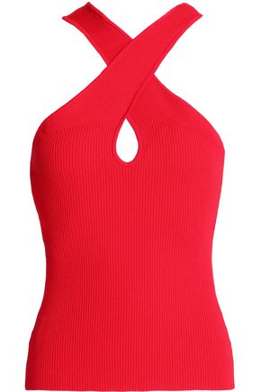 BAILEY44 WOMAN CROSSOVER RIBBED-KNIT TOP RED,US 14693524283289403