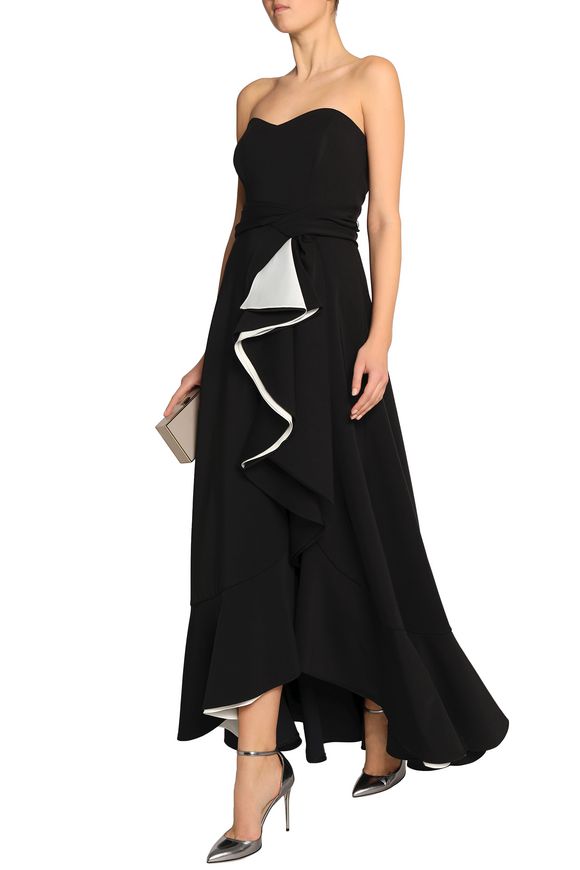 badgley mischka strapless contrast ruffle gown