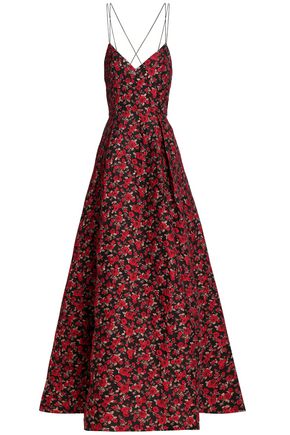ALICE AND OLIVIA WOMAN OPEN-BACK BROCADE GOWN RED,US 14693524283400966