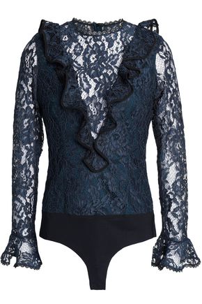 ALEXIS WOMAN RUFFLE-TRIMMED CORDED LACE BODYSUIT NAVY,US 14693524283561736