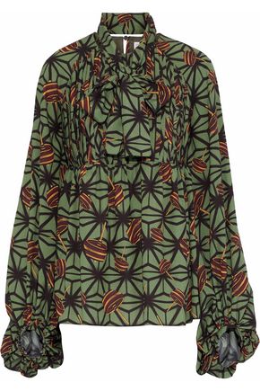 STELLA JEAN STELLA JEAN WOMAN PUSSY-BOW PLEATED PRINTED CREPE DE CHINE BLOUSE LEAF GREEN,3074457345618729289