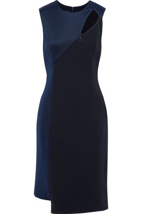 VERSACE VERSACE WOMAN ZIP-DETAILED CUTOUT CREPE AND STRETCH-CADY DRESS NAVY,3074457345618742658