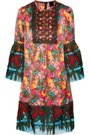 ANNA SUI WOMAN EMBROIDERED TULLE-PANELED PRINTED SILK-BLEND DRESS MULTIcolour,AU 14693524283734691