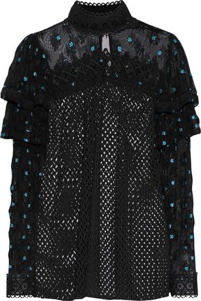 ANNA SUI ANNA SUI WOMAN EMBROIDERED TULLE-PANELED OPEN-KNIT BLOUSE BLACK,3074457345618831821