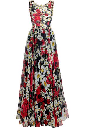 DOLCE & GABBANA WOMAN EMBELLISHED FLORAL-PRINT SILK-BLEND JACQUARD AND CHIFFON GOWN RED,US 14693524283791010