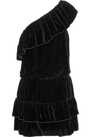 Joie One-shoulder Ruffled Velvet Mini Dress In Black
