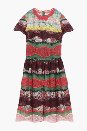 VALENTINO POINT D'ESPRIT AND LACE-PANELED PRINTED COTTON MINI DRESS,3074457345620047785
