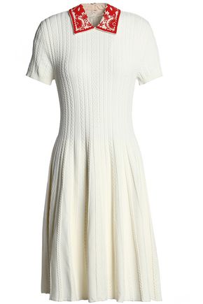 VALENTINO WOMAN EMBELLISHED CREPE-TRIMMED CABLE-KNIT DRESS IVORY,US 14693524283868636