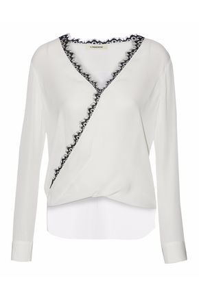 L AGENCE L'AGENCE WOMAN ROSARIO LACE-TRIMMED WRAP-EFFECT SILK BLOUSE WHITE,3074457345618765710