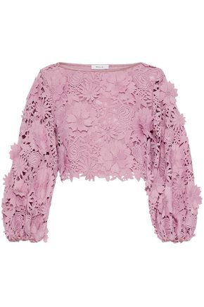 MILLY WOMAN CAMILLA CROPPED FLORAL-APPLIQUÉD GUIPURE LACE TOP LAVENDER,US 14693524283917506