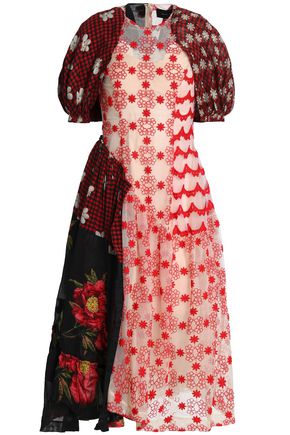 SIMONE ROCHA WOMAN PATCHWORK-EFFECT EMBROIDERED TULLE AND PRINTED CREPE DE CHINE MIDI DRESS RED,AU 14693524283927328